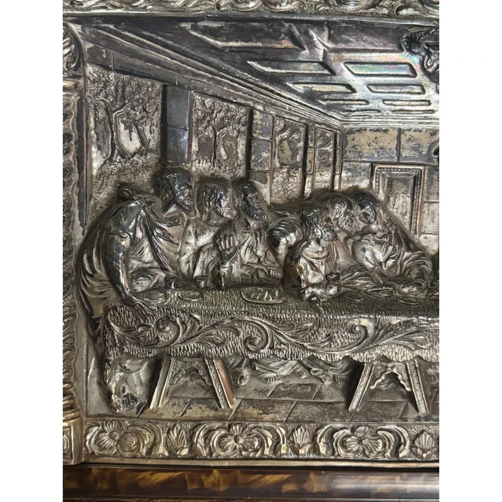 Vintage Last Supper 3D Relief Wall Art Silver Tone Framed Religious Plaque 20x12